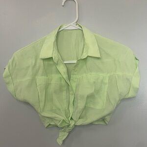 Zara Green Crop Tie Front Button Down Shirt